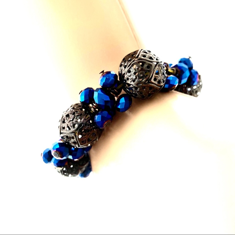 Stretch Blue Metallic Bead Filigree Metal Bracelet Iridescent - Picture 4 of 4